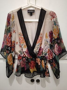H&M Conscious Floral Kimono Peplum Blouse Sheer Chiffon Size 4 Boho